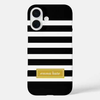 Coque Pour iPhone 16 Monogramme des bandes de preppy noir et or