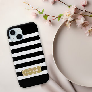 Coques Pour iPhone Monogramme des bandes de preppy noir et or