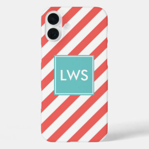 Coques iPhone 16 Plus Monogramme des rayures diagonales de corail et de