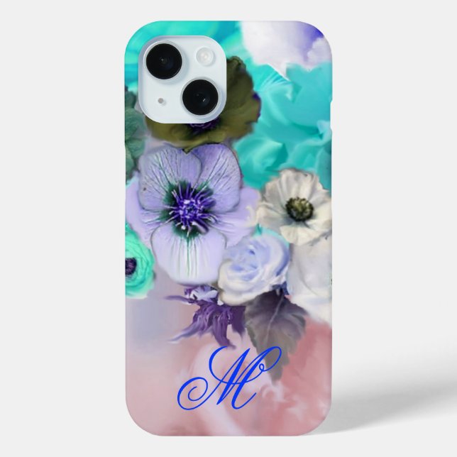 Coques Case-Mate iPhone MONOGRAMME DES ROSES BLEUS turquoises ET DES FLEUR (Verso)