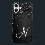 Coque Pour iPhone 16 Plus Monogramme d'étincelle à Parties scintillant noire<br><div class="desc">Personnalisez facilement ce design élégant et branché de boîtier de téléphone avec une jolie parties scintillant brillante noire sur un arrière - plan métallique brossé noir.</div>