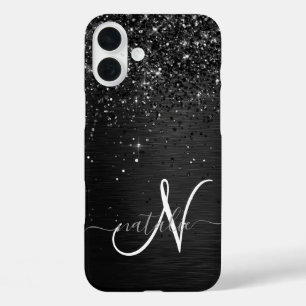 Coque Pour iPhone 16 Plus Monogramme d'étincelle à Parties scintillant noire