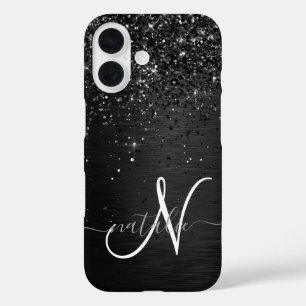 Coque Pour iPhone 16 Monogramme d'étincelle à Parties scintillant noire