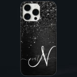 Coque iPhone 16 Pro Max Monogramme d'étincelle à Parties scintillant noire<br><div class="desc">Personnalisez facilement ce design élégant et branché de boîtier de téléphone avec une jolie parties scintillant brillante noire sur un arrière - plan métallique brossé noir.</div>