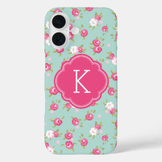 Coque Pour iPhone 16 Monogramme d'impression Vintage à la menthe et ros