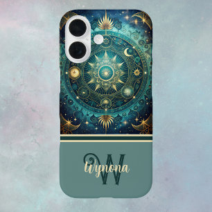Coque Pour iPhone 16 Monogramme d'or Turquoise de la galaxie de Mandala