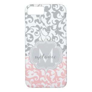 Coque Case-Mate iPhone Monogramme doux rose et gris damassé