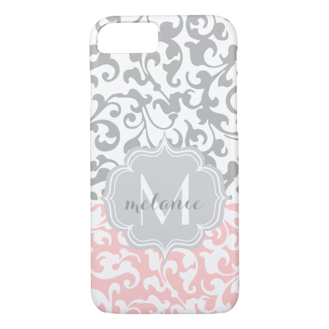 Coques Case-Mate iPhone Monogramme doux rose et gris damassé (Dos)