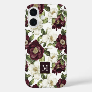 Coque Pour iPhone 16 Monogramme du modèle floral de Bourgogne
