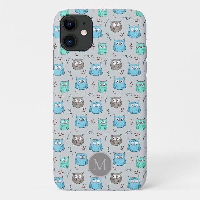 Coques Case-Mate iPhone Monogramme du Motif de la Chouette gris-bleu (Dos)