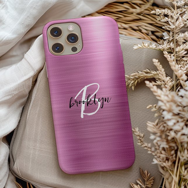 Coques Case-Mate iPhone Monogramme écriture noir blanc Métal brossé rose  (Créateur téléchargé)