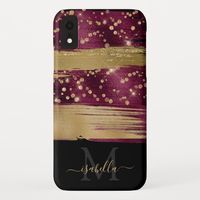 Coques Case-Mate iPhone Monogramme écriture pailleté or Bourgogne (Dos)