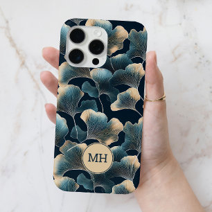 Coque Case-Mate iPhone Monogramme Elégant Bleu Ginkgo Motif Floral