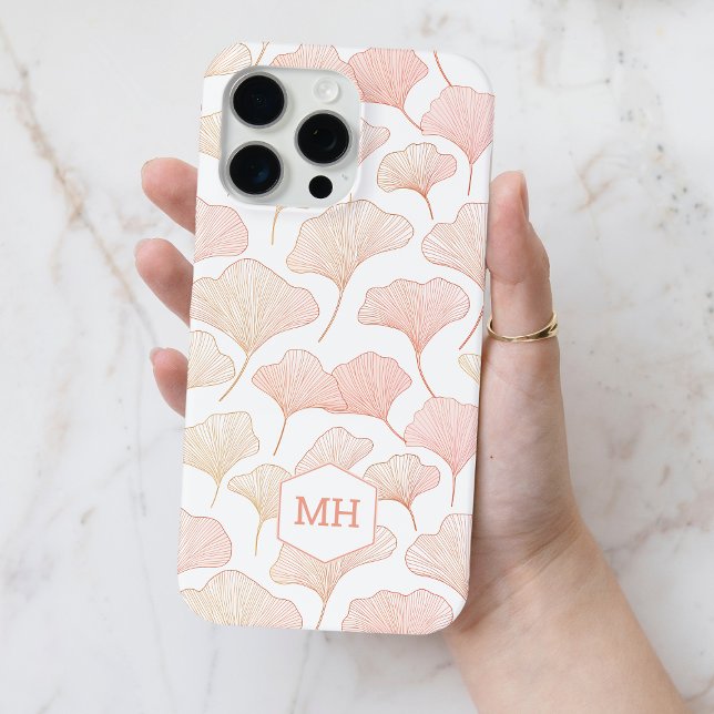 Coques Case-Mate iPhone Monogramme Elegant Blush Pink Ginkgo Motif feuille (Monogrammed Elegant Blush Pink Ginkgo Leaf Pattern Case-Mate iPhone Case)