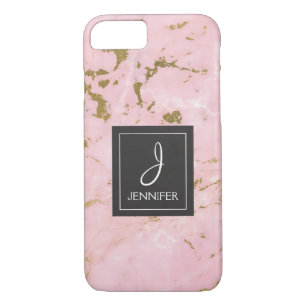 Coque iPhone 8/7 Monogramme élégant en marbre doré rose
