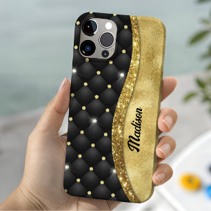 Coque Case-Mate iPhone Monogramme élégant faux diamant noir paillettes or