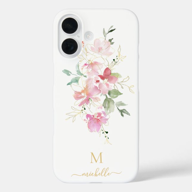 Coques Case-Mate iPhone Monogramme élégant floral rose écriture dorée (Verso)