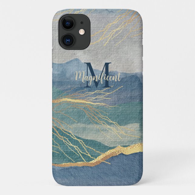 Coques Case-Mate iPhone Monogramme Elegant Gold Blue Paysage Art (Dos)