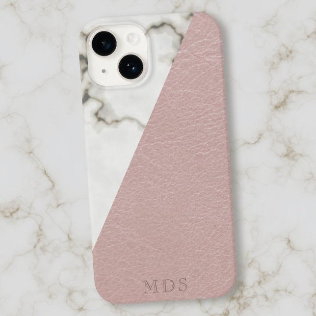 Coques Case-Mate iPhone Monogramme Élégant Marbre Blush Rose Faux Cuir (A faux and fabulous blush pink leather marble combo with your initials)