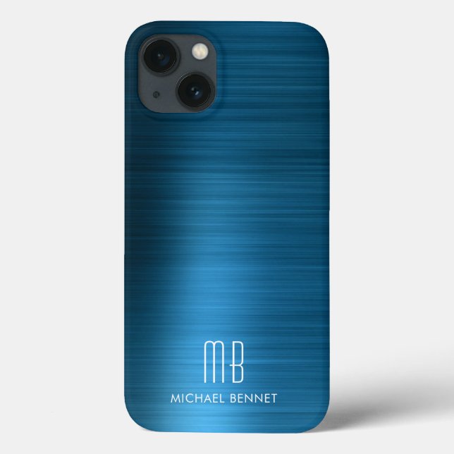 Coques Case-Mate iPhone Monogramme Élégant Métal Brossé Bleu (Verso)
