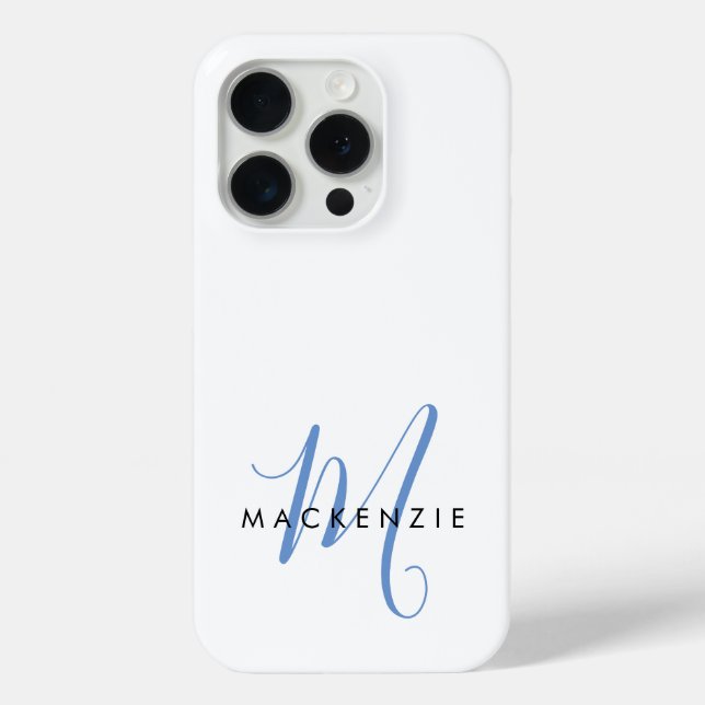 Coques Case-Mate iPhone Monogramme élégant moderne blanc bleu script (Verso)