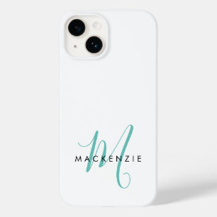 Coque Case-Mate iPhone Monogramme élégant moderne blanc sarcelle Script