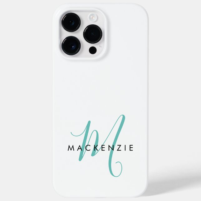 Coques Case-Mate iPhone Monogramme élégant moderne blanc sarcelle Script (Verso)