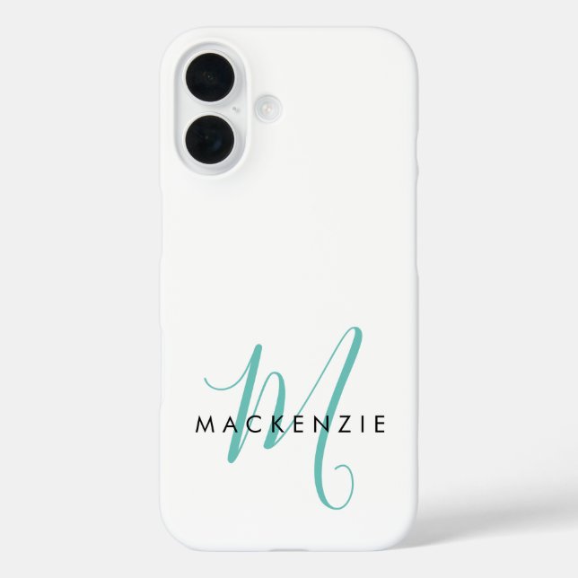 Coques Case-Mate iPhone Monogramme élégant moderne blanc sarcelle Script (Verso)