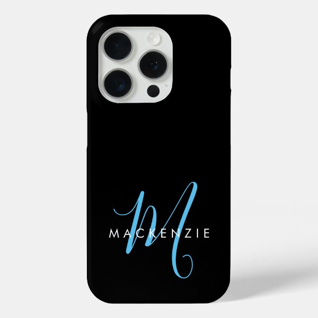 Coques Case-Mate iPhone Monogramme élégant moderne noir bleu ciel écriture (Verso)