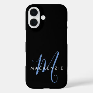 Coque Pour iPhone 16 Monogramme élégant moderne noir bleu script
