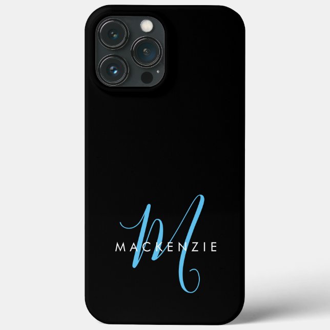 Coques Case-Mate iPhone Monogramme élégant moderne noir et bleu ciel en éc (Verso)