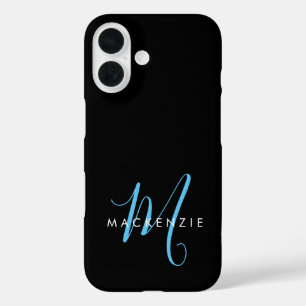 Coque Pour iPhone 16 Monogramme élégant moderne noir et bleu ciel en éc