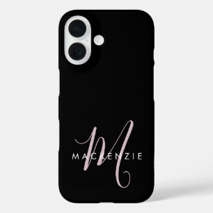 Coque Pour iPhone 16 Monogramme élégant moderne noir rose blush écritur