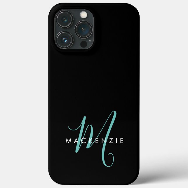 Coques Case-Mate iPhone Monogramme élégant moderne noir sarcelle écriture (Verso)