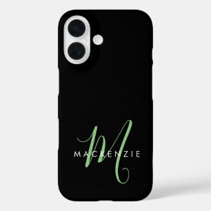 Coque Pour iPhone 16 Monogramme élégant moderne noir vert écriture