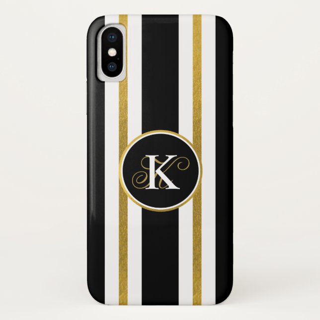 Coques Case-Mate iPhone Monogramme Elégant Noir & Or Personnalisé (Dos)