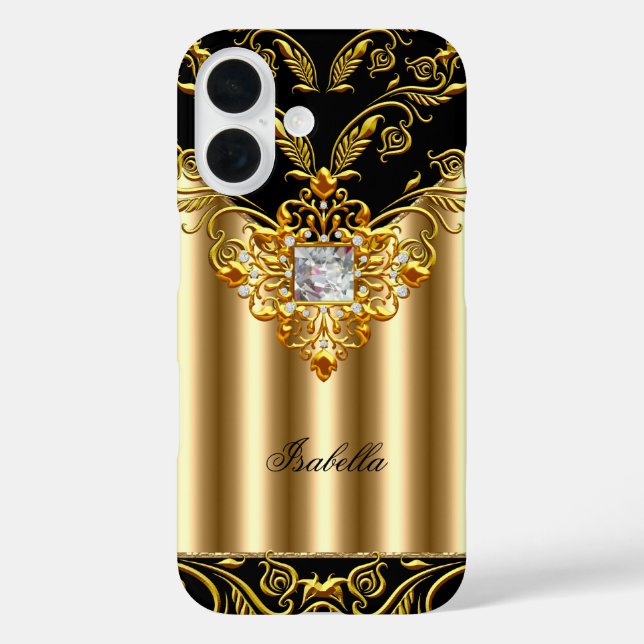 Coques Case-Mate iPhone Monogramme élégant noir sur or ajoutez nom (Verso)