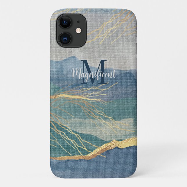 Coques Case-Mate iPhone Monogramme Elegant or & teintes de bleu paysage Ar (Dos)