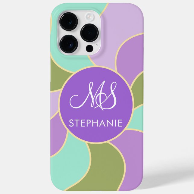 Coques Case-Mate iPhone Monogramme Élégant Purple Vert Rétro Vagues Soleil (Verso)
