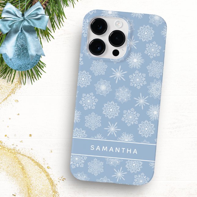Coques Case-Mate iPhone Monogramme Élégant Snowflakes Bleu Noël (Créateur téléchargé)