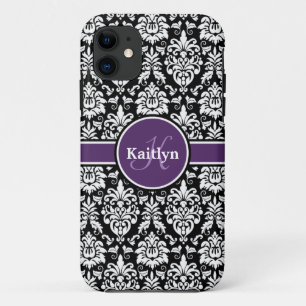 Coque Case-Mate iPhone Monogramme élégant violet noir blanc Damas
