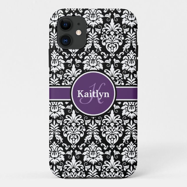 Coques Case-Mate iPhone Monogramme élégant violet noir blanc Damas (Dos)