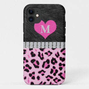 Coque iPhone 11 Monogramme, empreinte de léopard rose, cas de