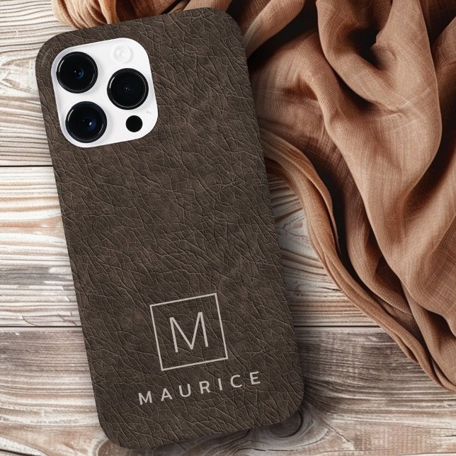 Coques Case-Mate iPhone monogramme en cuir Brown nom personnalisé initial (Brown leather print monogram initial custom name Case-Mate iPhone case)