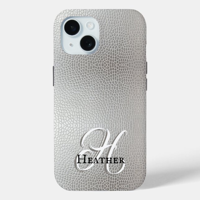 Coques Case-Mate iPhone Monogramme en cuir Faux d'argent moderne Nom initi (Verso)