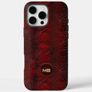 Coque iPhone 16 Pro Max Monogramme en cuir rouge Snakeskin imprimé