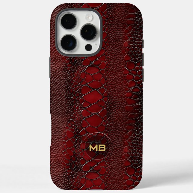 Coques Case-Mate iPhone Monogramme en cuir rouge Snakeskin imprimé (Verso)