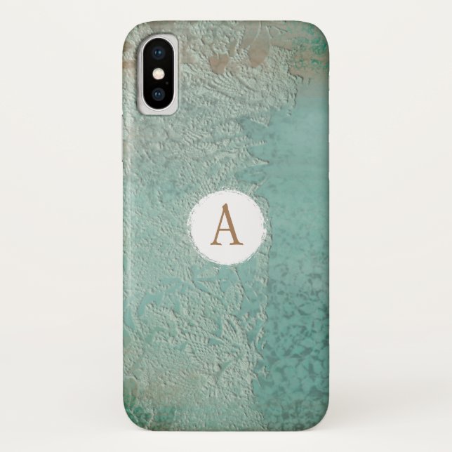 Coques Case-Mate iPhone Monogramme en Fausse Dentelle Sarcelle Rustique Vi (Dos)