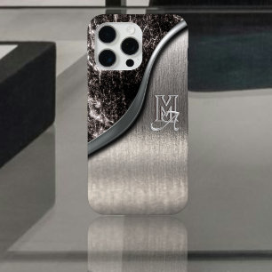 Coque Case-Mate iPhone Monogramme en métal brossé argenté et pierre métal