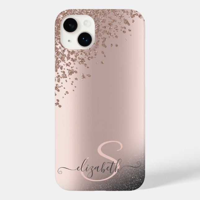 Coques Case-Mate iPhone Monogramme en or rose avec diamants paillettes noi (Verso)